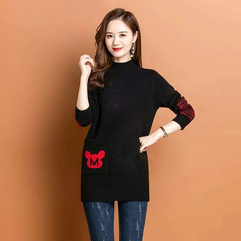 Half Turtleneck Sweater Mid-length Pullover for Women Solid-color Loose Sweater Jacquard Knitted Sweater Top