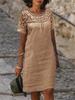 2026 Spring/Summer Casual Lace Patchwork Round Neck Cotton Linen Solid Color Short Sleeve Dress