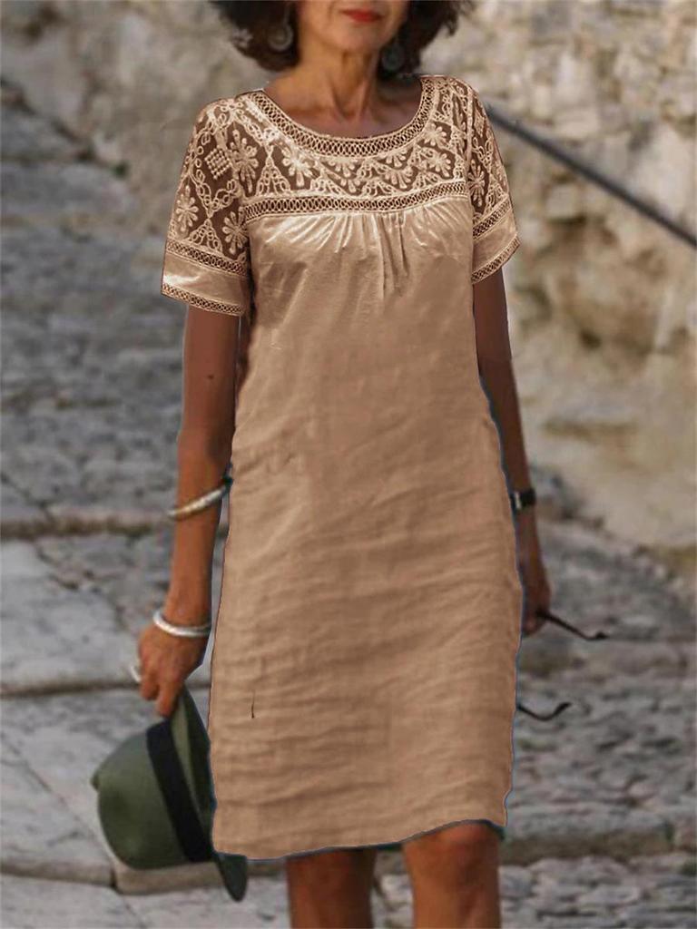 2026 Spring/Summer Casual Lace Patchwork Round Neck Cotton Linen Solid Color Short Sleeve Dress
