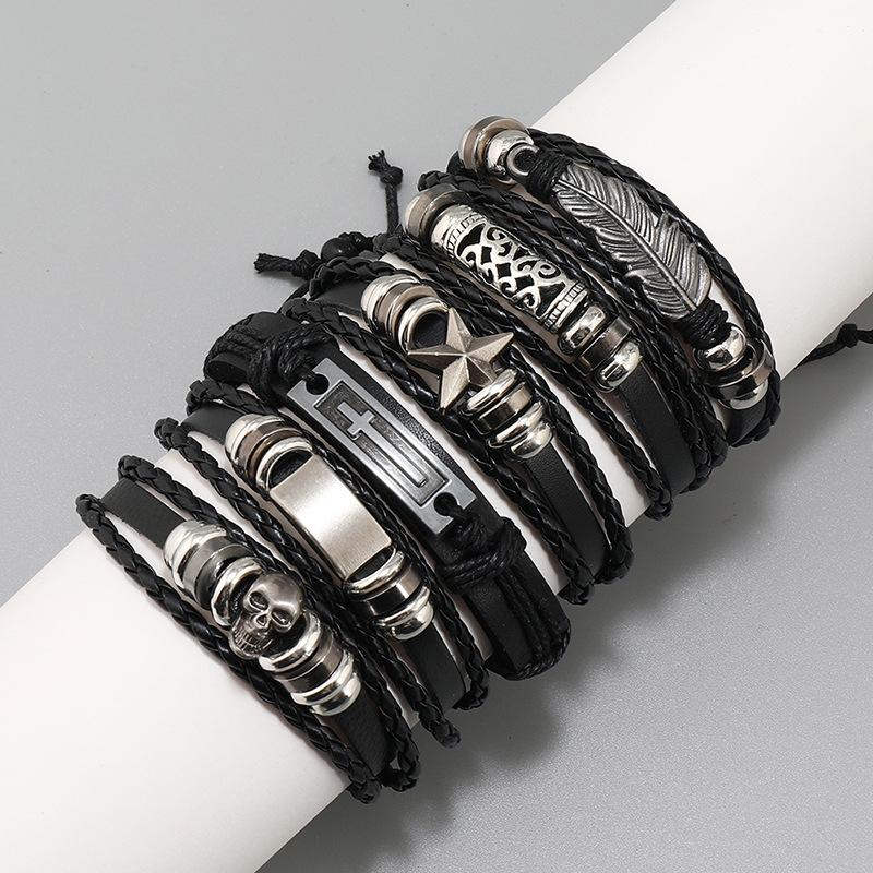 Vintage Punk Style Woven Leather Bracelet DIY Fashion Bangles with Feather Cross Accessories for Men