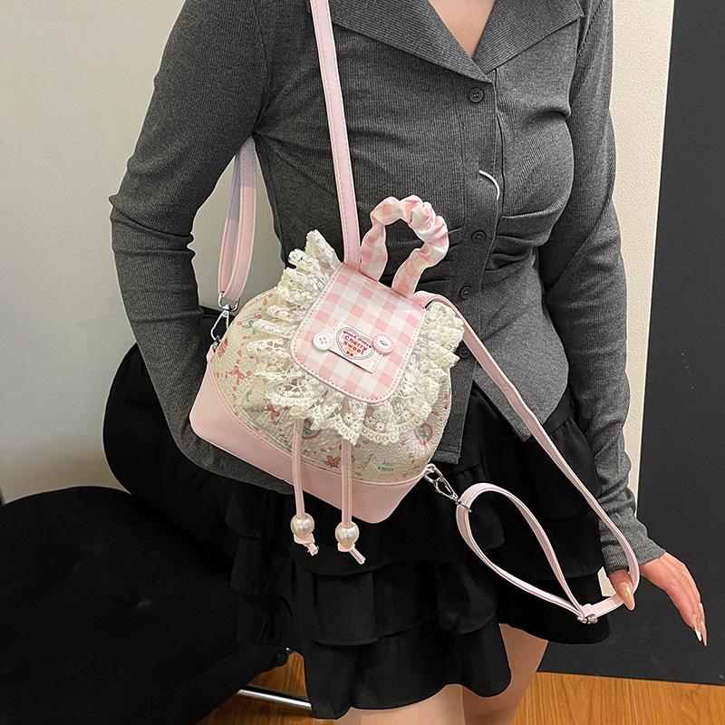 Sweet ballet style lace mini backpack new girly heart contrast plaid cute print small backpack