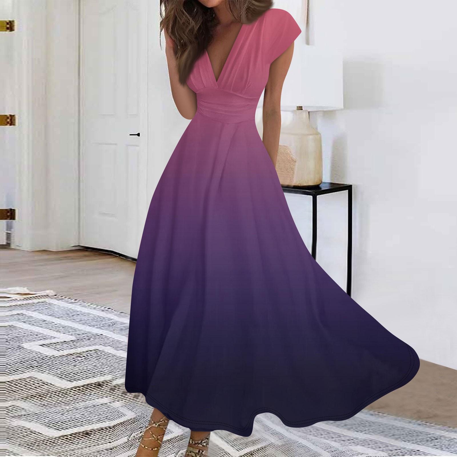 Women Fashion Casual Pleated V Neck Waist Tie Gradient Maxi Dress Summer Beachwear S