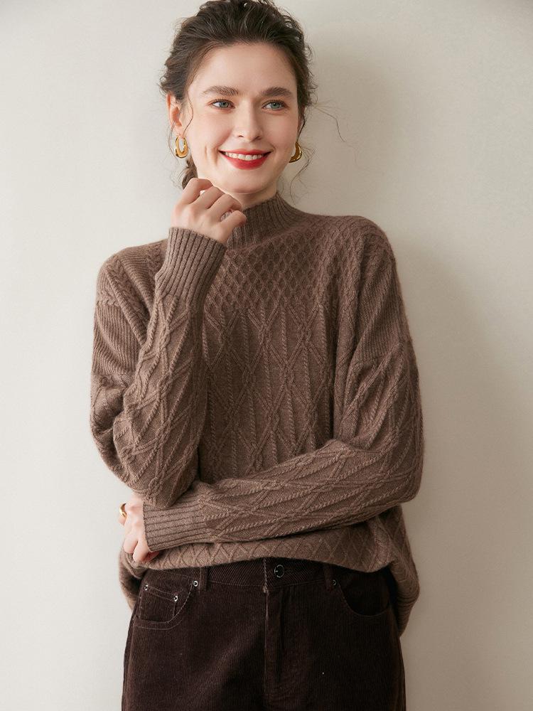 Women's Cashmere Cable Knit Sweater: Warm, Thickened Pullover with Half-High Neck for Autumn & Winter