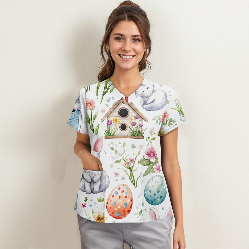 Women's Fashion V-neck Short Sleeve Workwear With Pockets Printed Tops