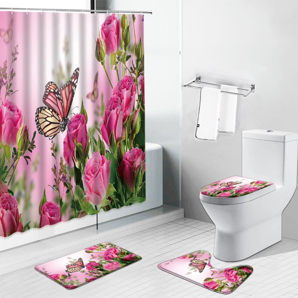 

Dandelion Flower With Waterdrop Shower Curtains Set Cactus Rose Floral Butterfly Scenery Bathroom Decor Non-Slip Carpet Bath Mat W60H190(CM)-1 Pcs