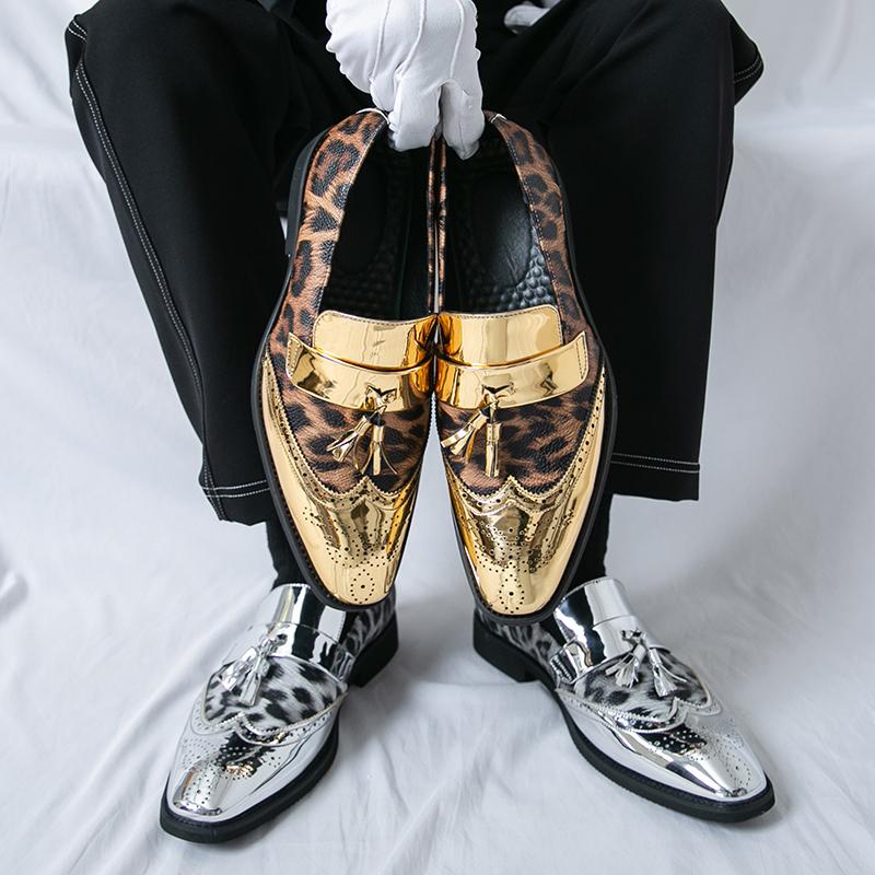 Fashion Metallic Leopard Print Color Glossy Finish Leather Casual Slip on Non-slip Men Fashionable Men's Party Dance Stage Loafer Shoes
