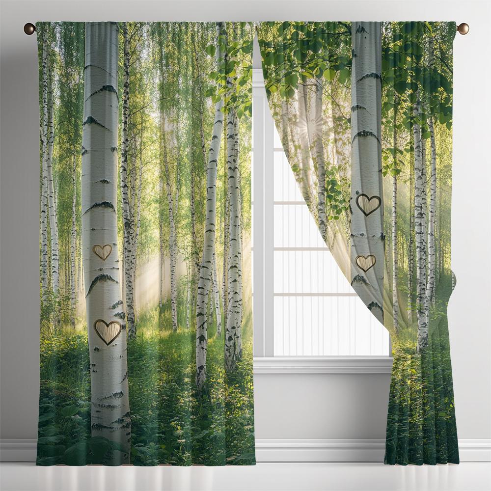 Juego de 2 Cortinas Bosque de Abedules Nórdico – Árboles Blancos con Luz Solar en Forma de Corazón, Cortinas Filtrantes de Luz con Pasacables