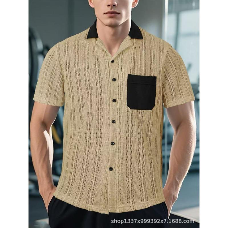

Men Color Block Collar Pocket Knit Textured Cuban Collar Short Sleeve Casual Button Shirt S хаки