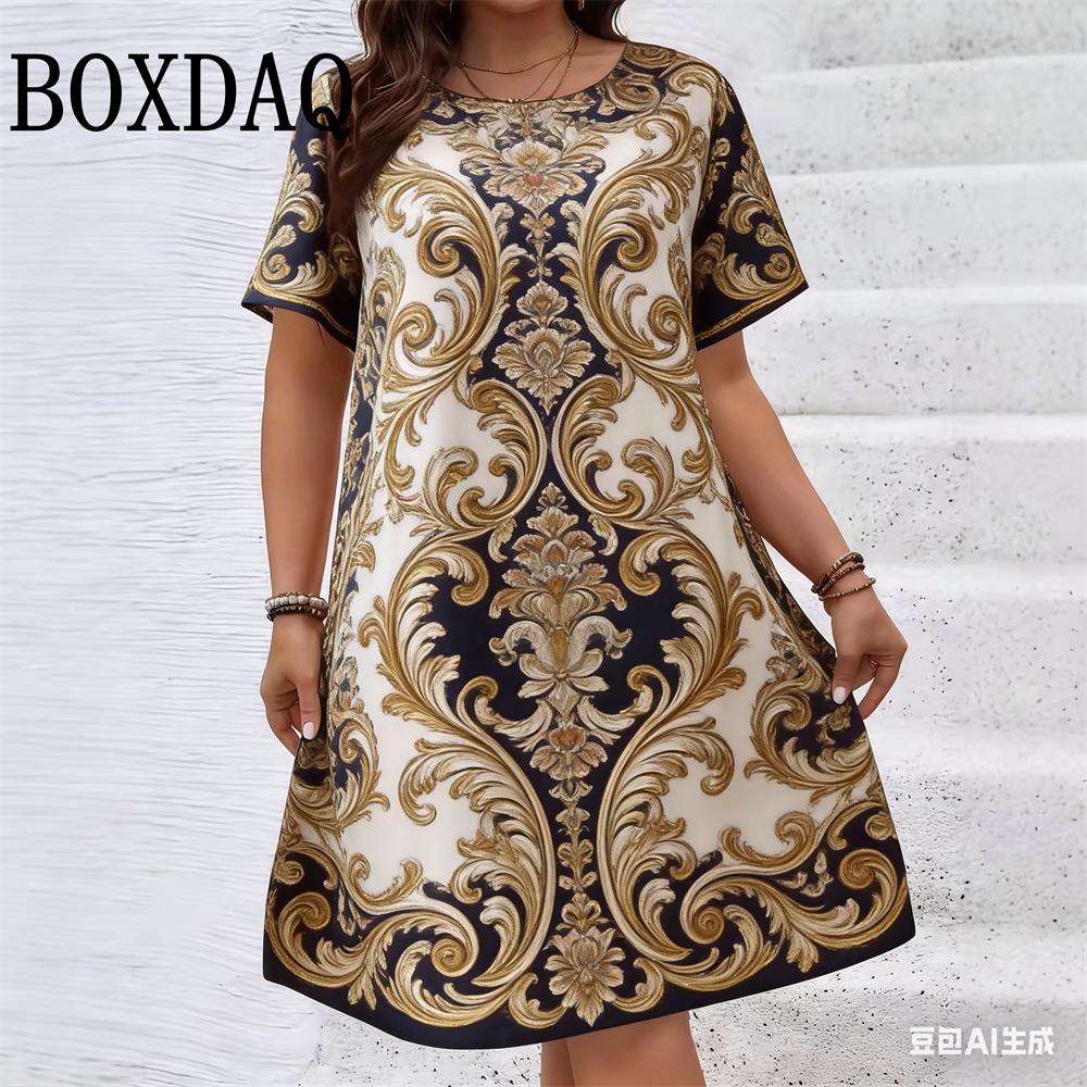 Vintage Ethnic Style Geometry Printed Party Dress Plus Size Women Casual O-Neck Short Sleeve Mini Dresses For Women Summer Loose S