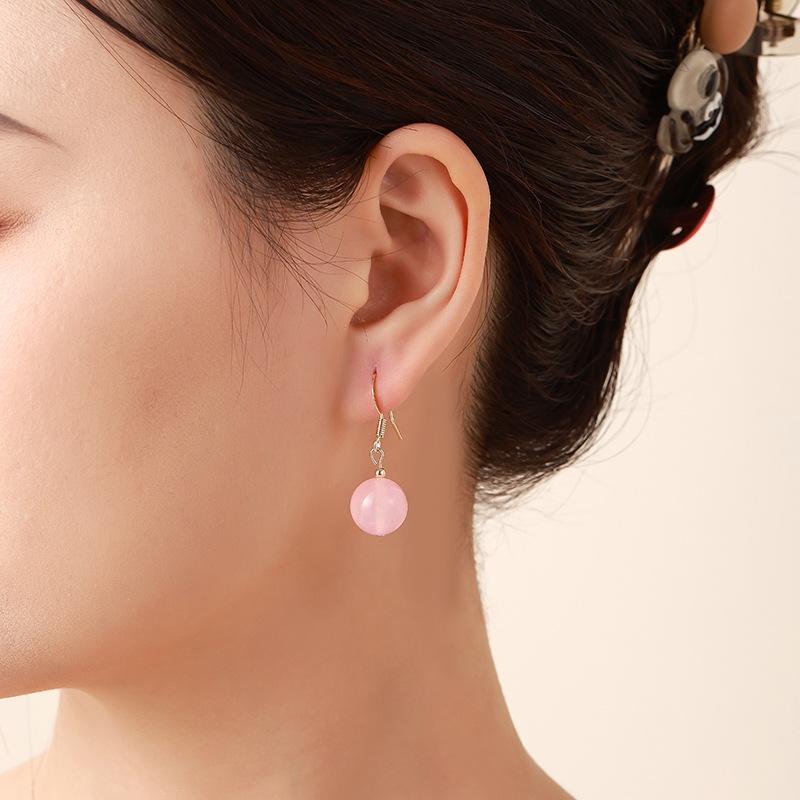 Natural Pink Crystal Earrings Cute Original Handmade Earrings Retro Chinese Simple Versatile Light Luxury Earrings
