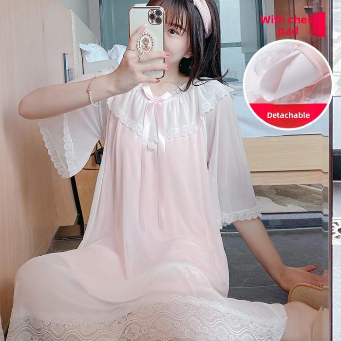

GMXIA Fairy-like Sleeping Dress, Court Princess-style Pajamas, Summer Short-sleeved, Popular and Sexy Lace Sleeping Dress with Chest Pad XL