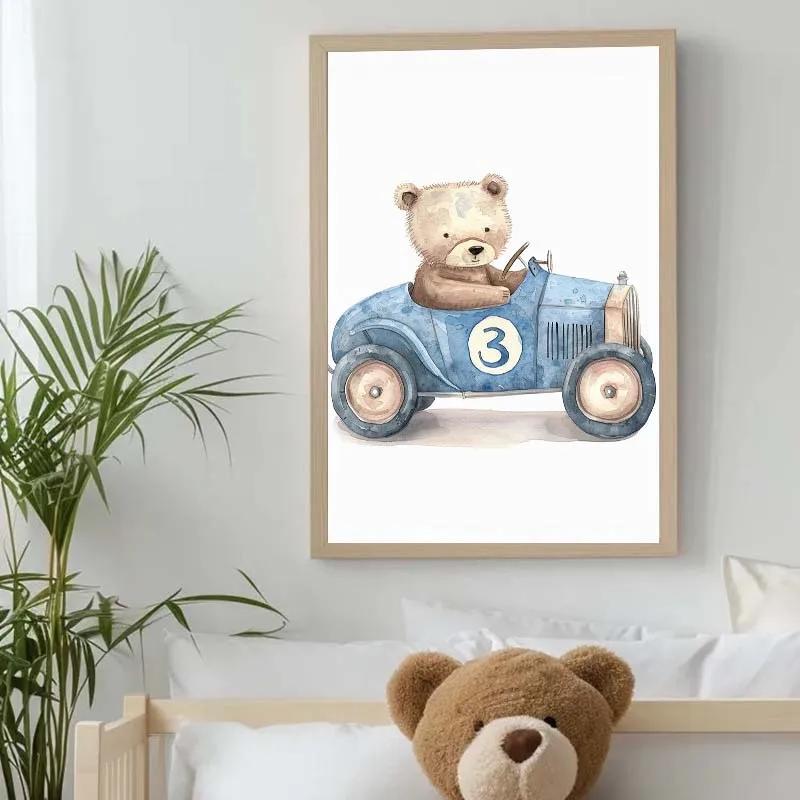 Watercolor Raccoon Rabbit Bear Animal Car Nursery Wall Art Canvas Painting Nordic Posters Prints Wall Pictures Kids Room Decor