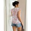 Big Size V-neck Top with Sweet Floral V-neck Ruffled Edge Big Size Chiffon Shirt, Loose Floral Blouse