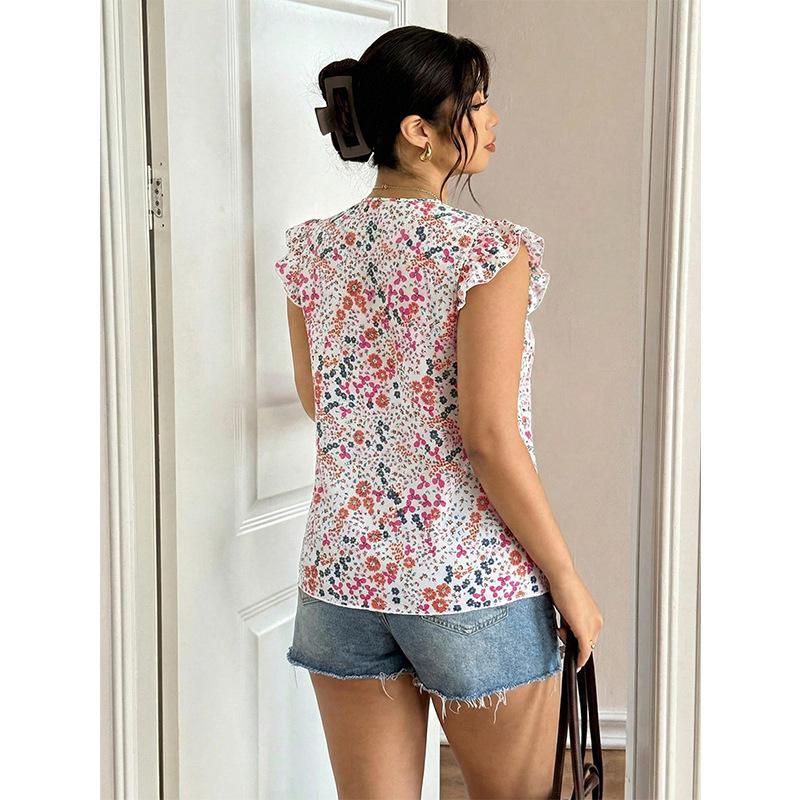 Big Size V-neck Top with Sweet Floral V-neck Ruffled Edge Big Size Chiffon Shirt, Loose Floral Blouse