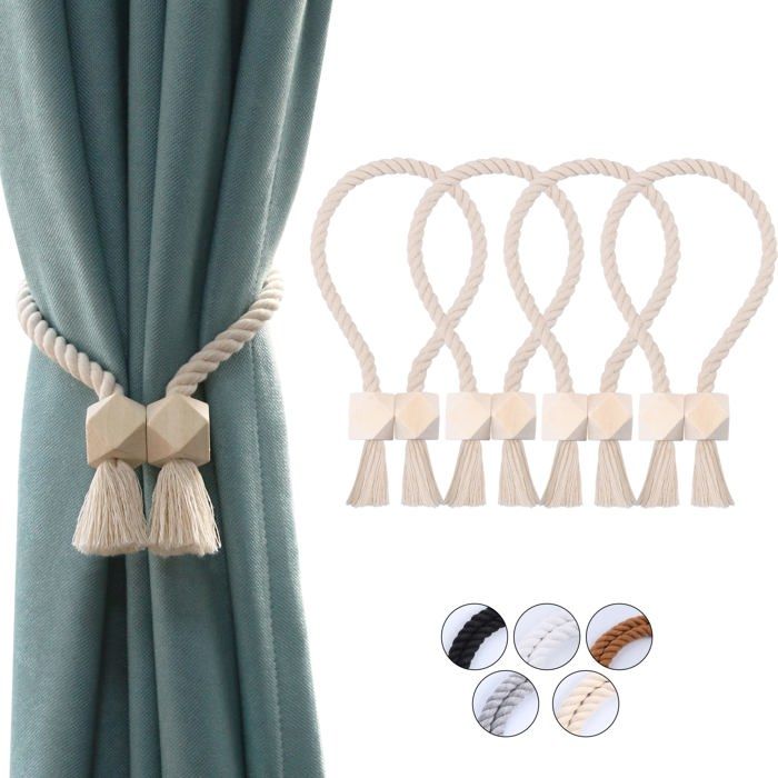 Embrasses magnétiques pour rideaux en coton tissé – 4 pièces, beige, 54 cm