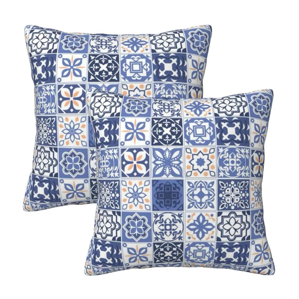 Piastrella Portoghese Blu Portogallo Azulejo Fiore 2 Pezzi Federa Quadrata Copricuscino Cuscino Cuscino da Divano Per Casa Camera da Letto
