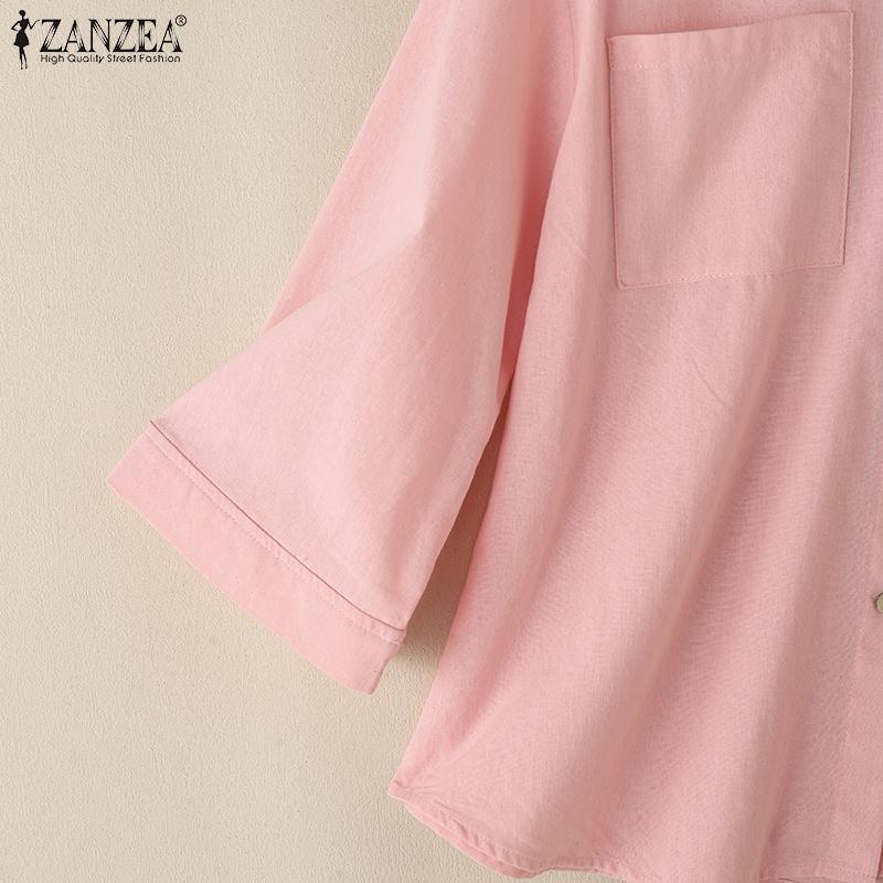 ZANZEA Womens Turn Down Collar 3/4 Sleeve Loose Button Blouse