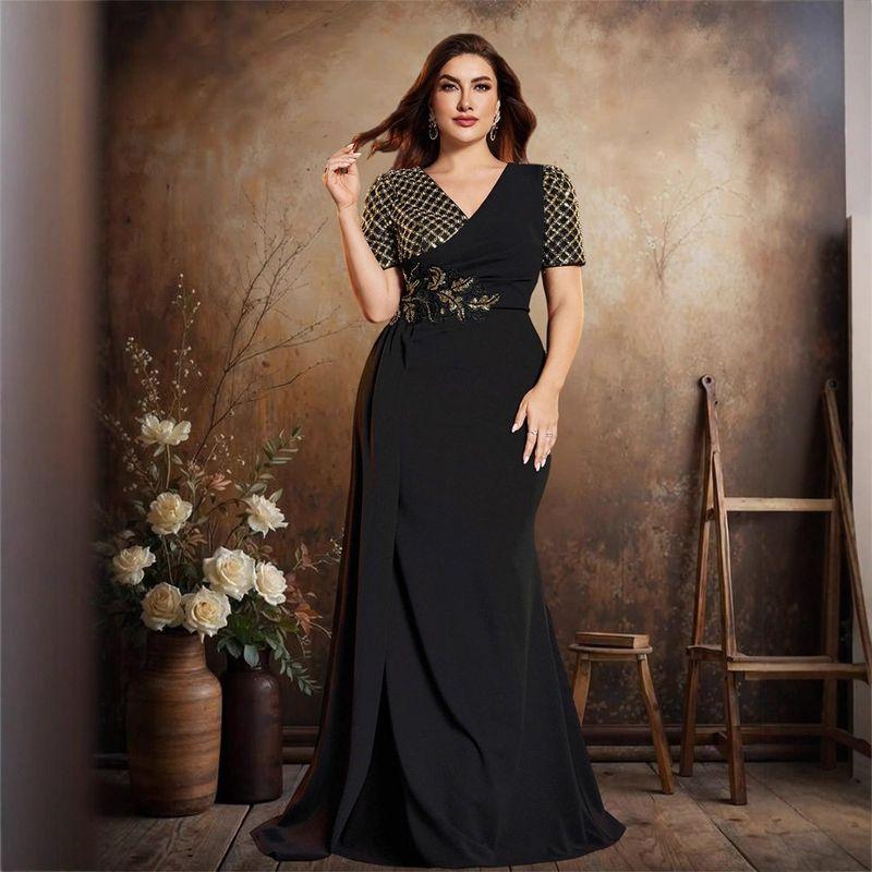 European and American Amazon Plus-Size Sequin Embroidered Patchwork V-Neck Short-Sleeve Elegant Evening Party Ball Gown Dress