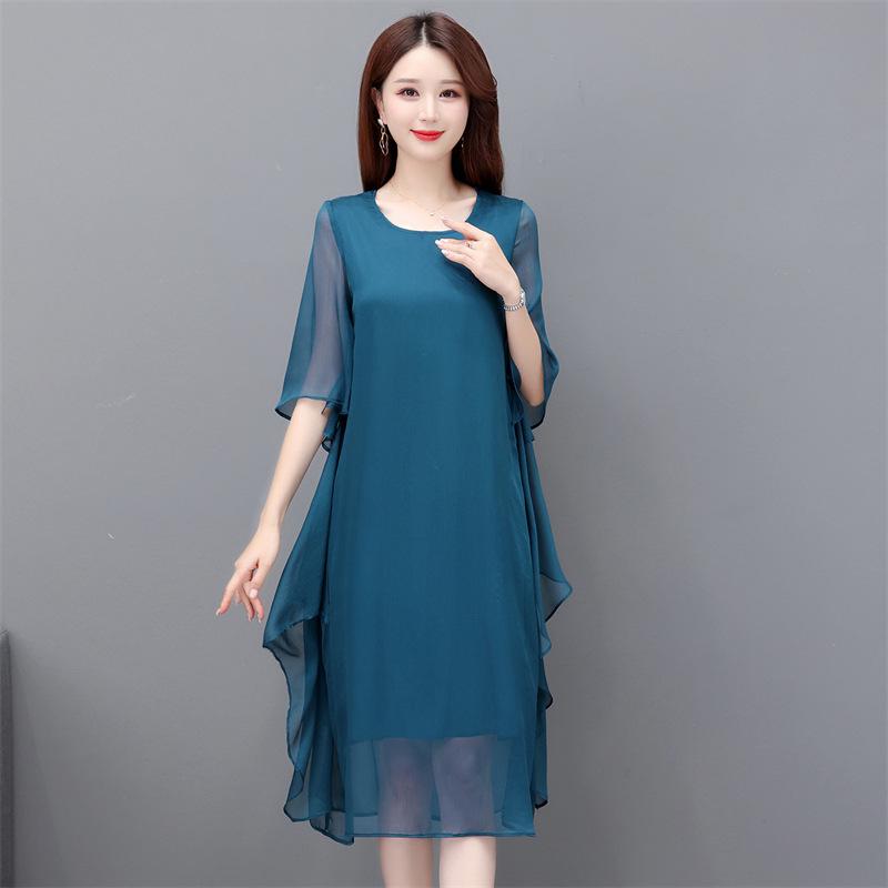 Women's Summer 2023 Silk Crepe A-line Dress: Mid-length, Solid Color, Loose Fit, Tummy-Covering, Fashionable and Elegant.