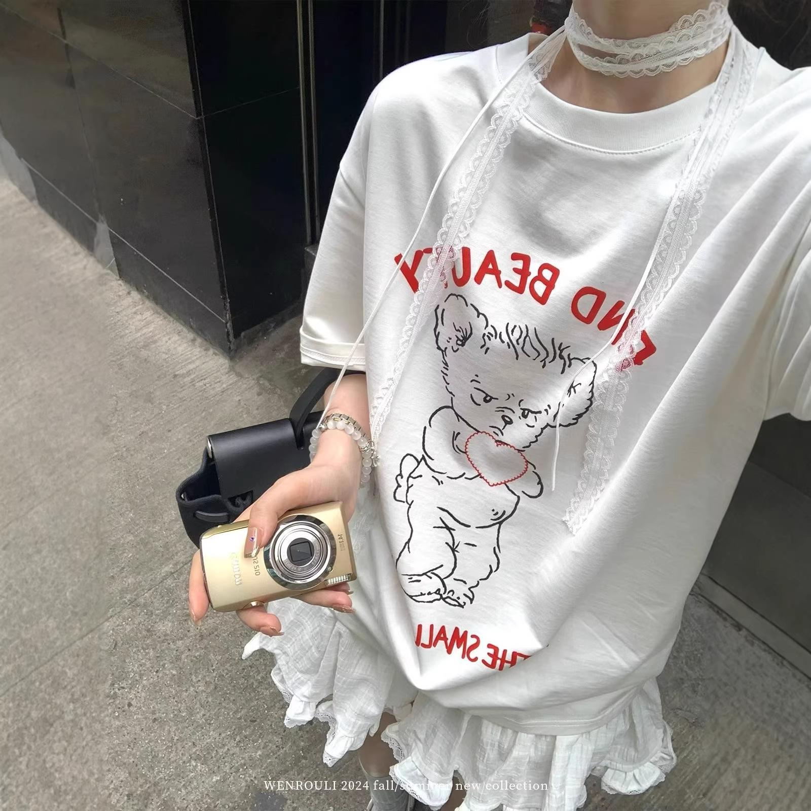 

Women s Pure Cotton Heavyweight Short Sleeve T-shirt - Summer 2026 Trendy, Versatile, Casual Niche Design from an American Brand S білий