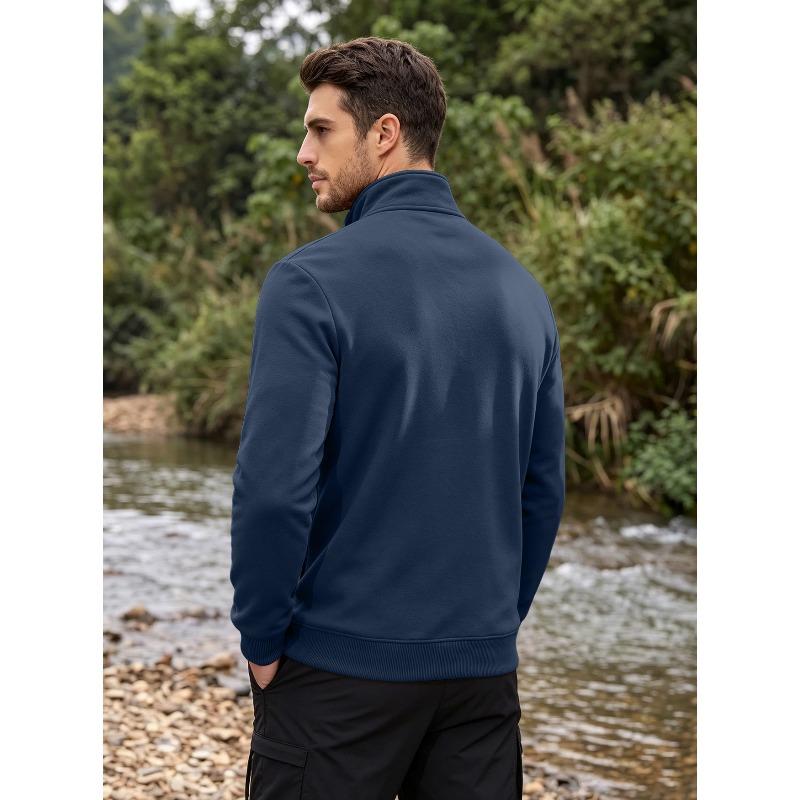 Men's Stand Collar Fleece Lined Zip Jacket Side Pockets Outdoor Casual Top.