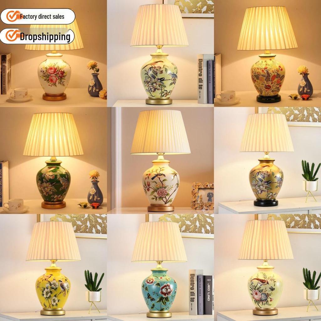Retro American-Chinese Ceramic Table Lamp with Remote Control for Bedroom or Living Room