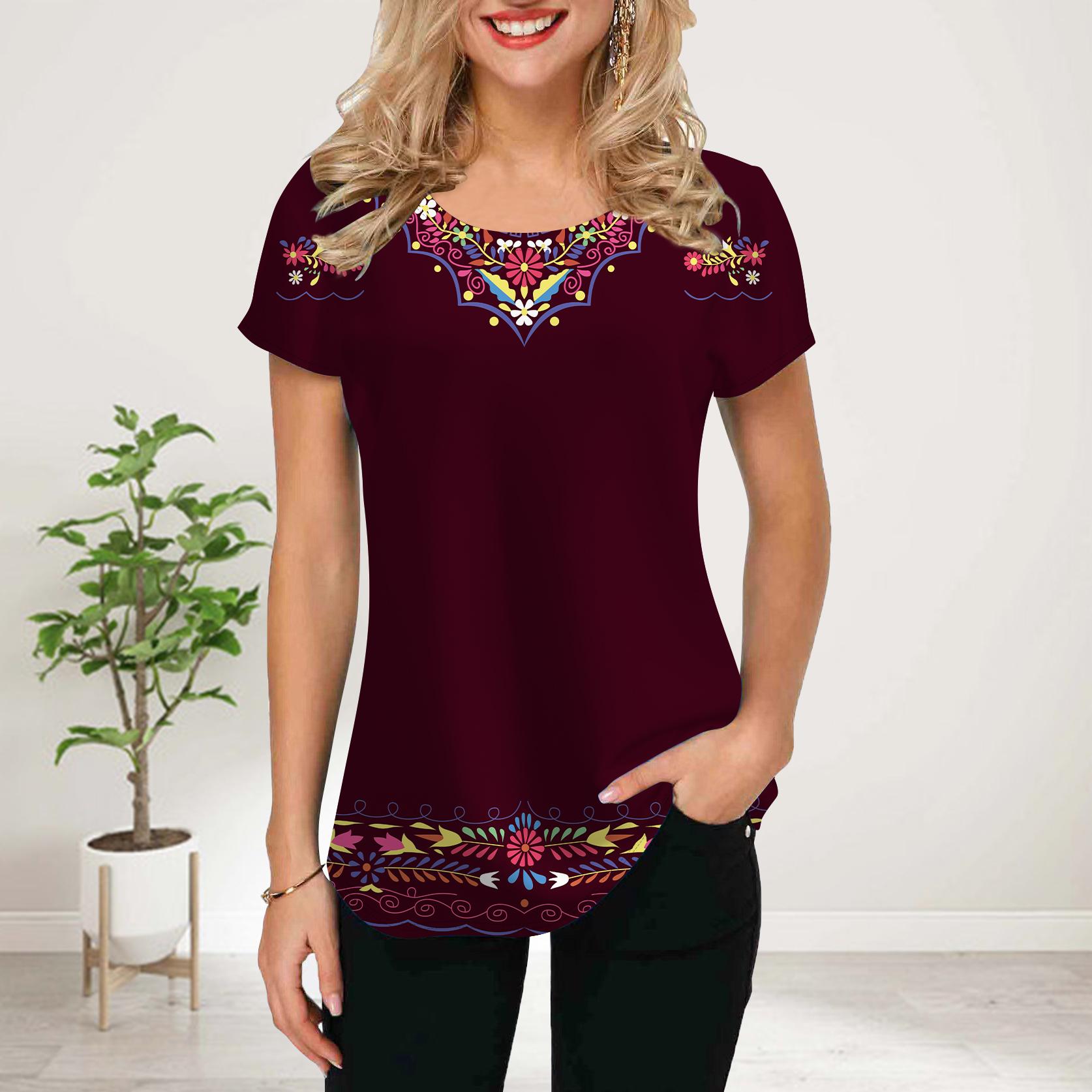 

Женская летняя футболка с синим вышитым цветочным принтом, футболки с коротким рукавом, повседневные топы с принтом 8XL вино красного
