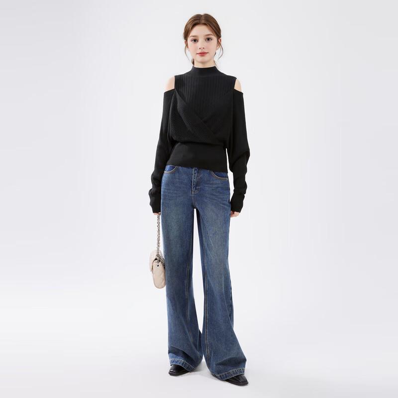 Elegantes Damen Strickpullover mit Carmen-Ausschnitt und Stehkragen aus Wollmischung