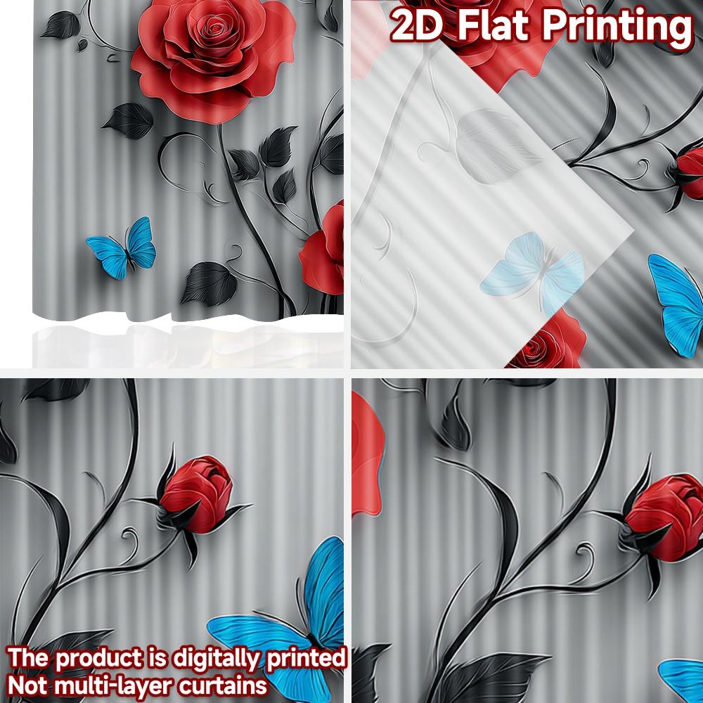 Set Of 2 Flat Printing Scene Curtain Red Roses Blue Butterflies Digital Printed Polyester Drapes Festive Holiday Use New Curtains Made