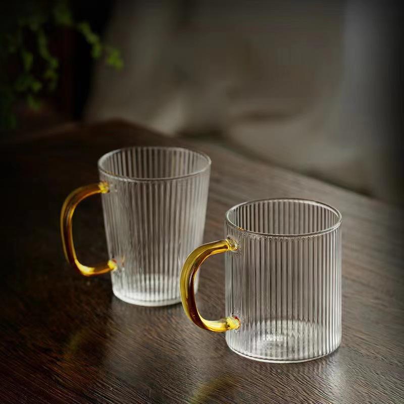 Ribbed Juice Water Drinking Glass Cup With Handle Vertical Striped Borosilicate Heat Resistant Coffee Cup Whiskey Tumbler Glass