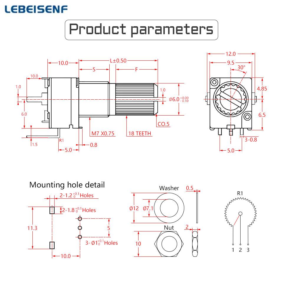5 Stück/Los Versiegelter 3-Pin RK097N Einzelner Vertikaler Potentiometer A10K A20K A50K A100K-A1M Griff 15MM Blume