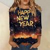 Christmas-themed Women's New Year Printed Round Neck Long-sleeved T-shirt, Festive Black and White Casual Loose Top
