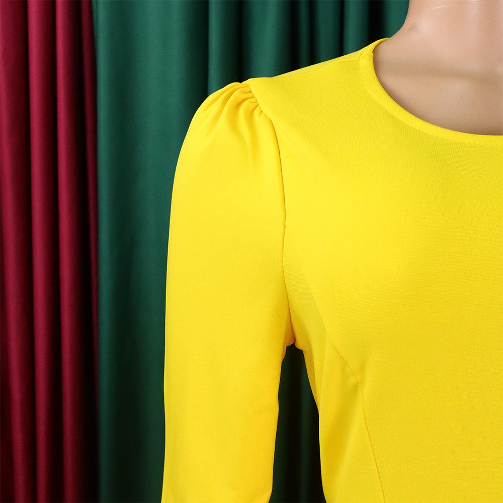 YYFS Women's Fashion Spring Fall Solid Color Print Long Sleeve O-Neck High Waist Casual Dresses