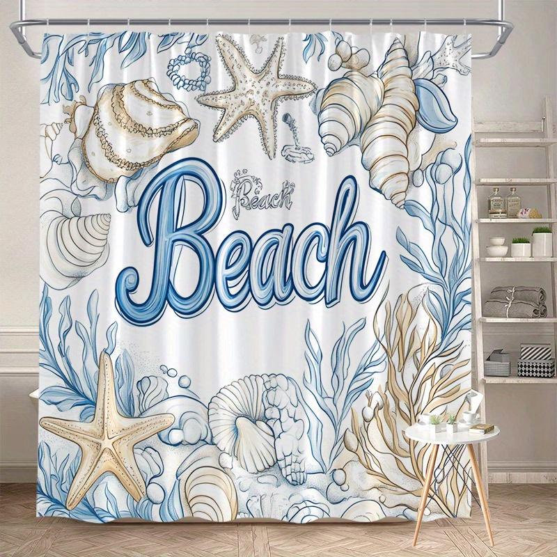 

1 шт. Причурливая пляжная шторка для душа - Синий рукописный текст, Ракушки, Морские звезды и Кораллы, 70x70 дюймов, Полиэстер, Можно стирать в машине W90XH180cm