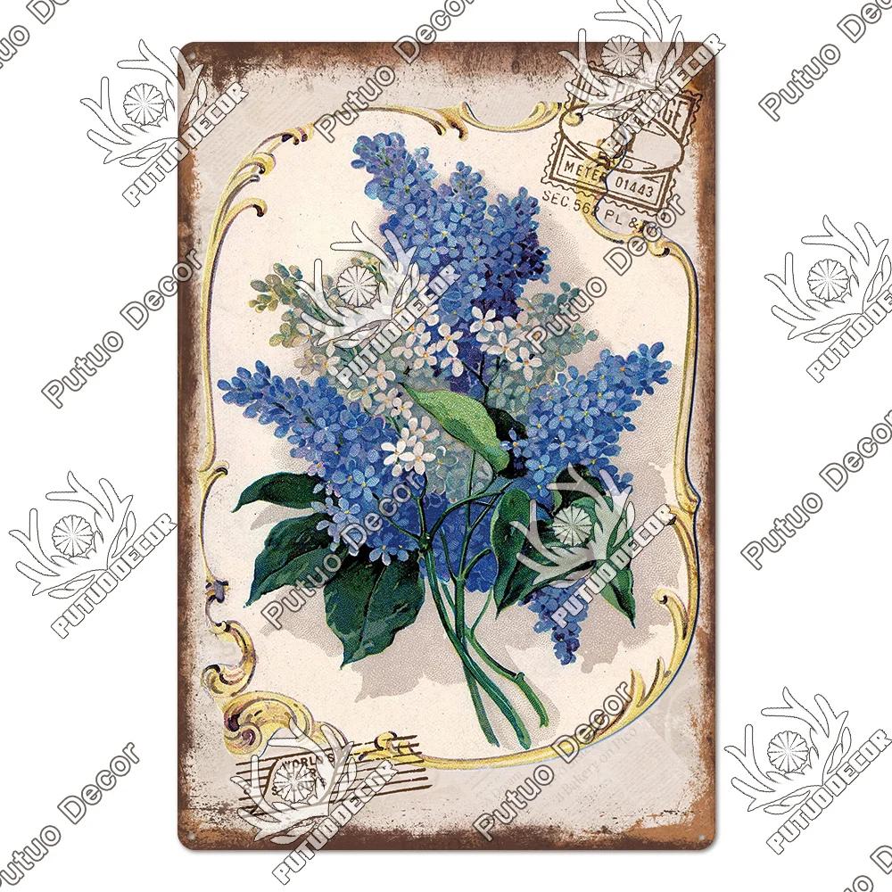 Putuo Decor Lavendel Metallskyltar Plåtposter Metall Vintage Solros Skyltar Retro Blomma Plåtskylt Tusensköna Väggdekor för Hem Trädgård