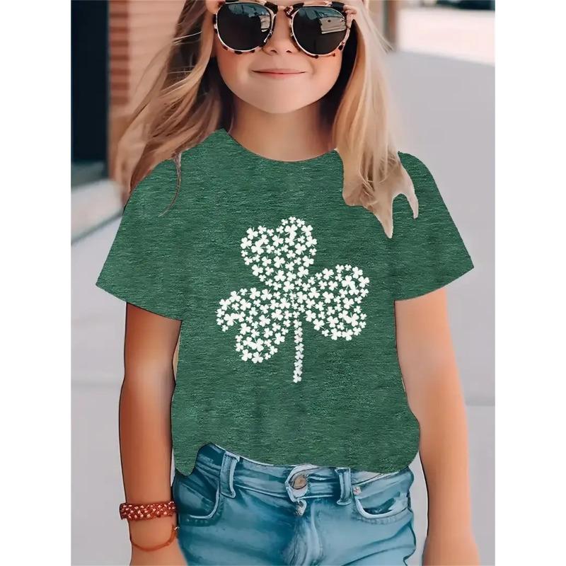 Fashionable Simple Fresh Four Leaf Clover Pattern Girls' Round Neck Pullover Short Sleeved Shirt