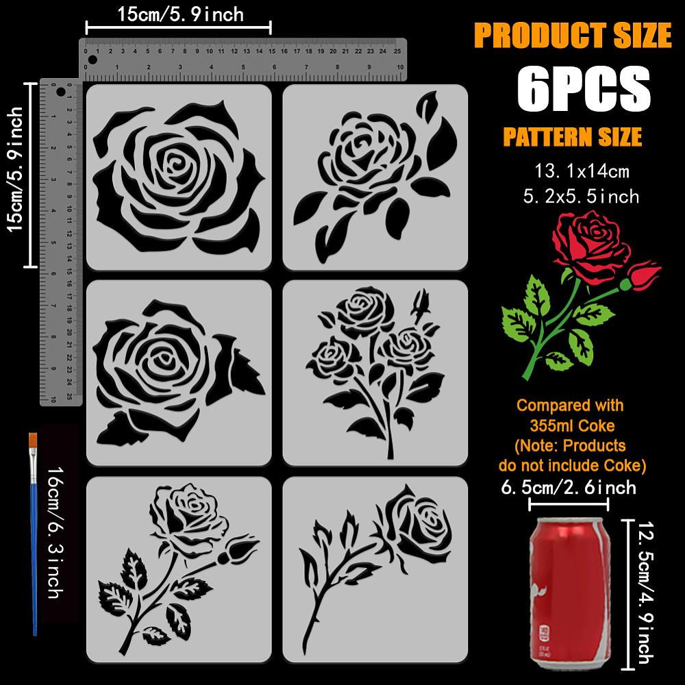 6Pcs 6 Styles PET Hollow Out Drawing Painting Stencils for DIY Scrapbook Photo Album June Rose 150x150mm 1pc/style