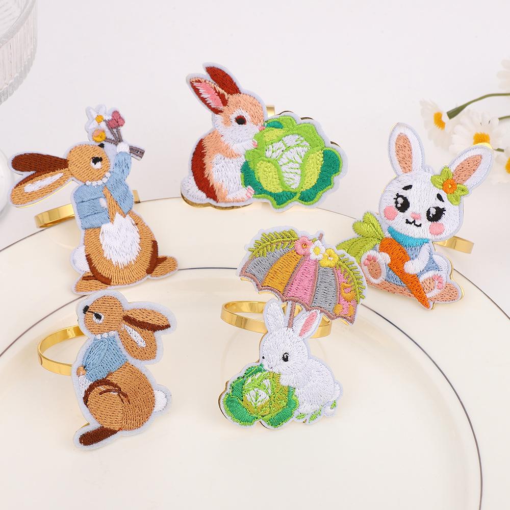 6pcs Easter Personalized Embroidery Rabbit Napkin Ring Hotel Tableware Table Setting Party Festival Decoration Napkin Buckle