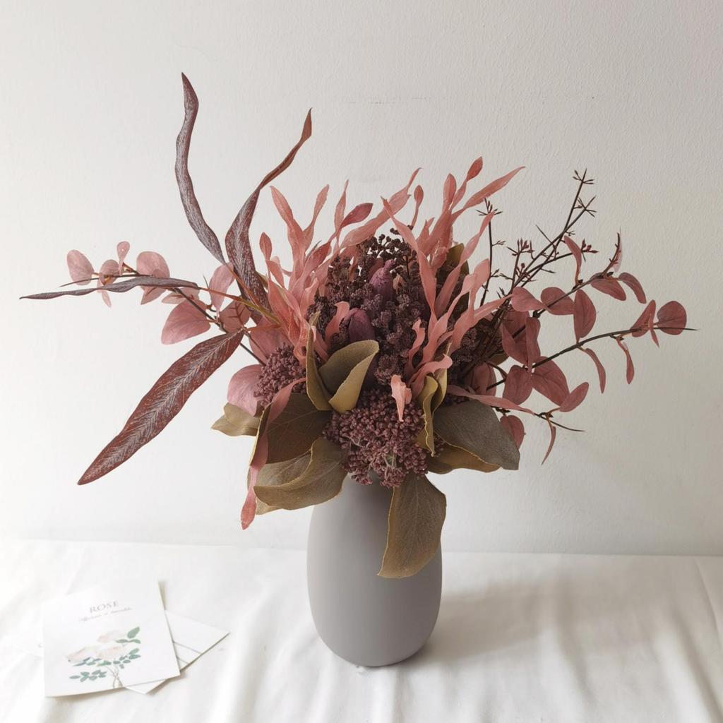 Wabi-Sabi Retro Floral Arrangement with Eucalyptus & Reed Grass for Home Decor & Photography