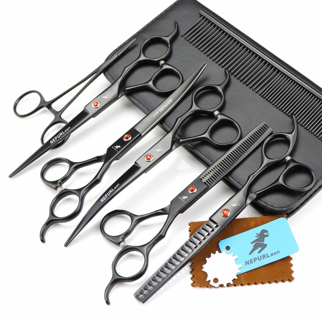 7.0-inch Black Baked Paint 5-piece Pet Grooming Scissors Set with Comb and Clippers