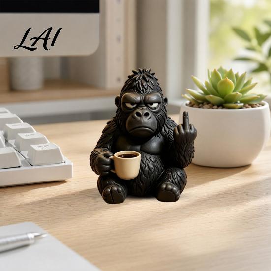 Funny Gorilla Hippo Elephant Figurines Middle‑Finger Figurine with Coffee Cup Resin Animal Statue Novelty Desktop Home Decor for Living
