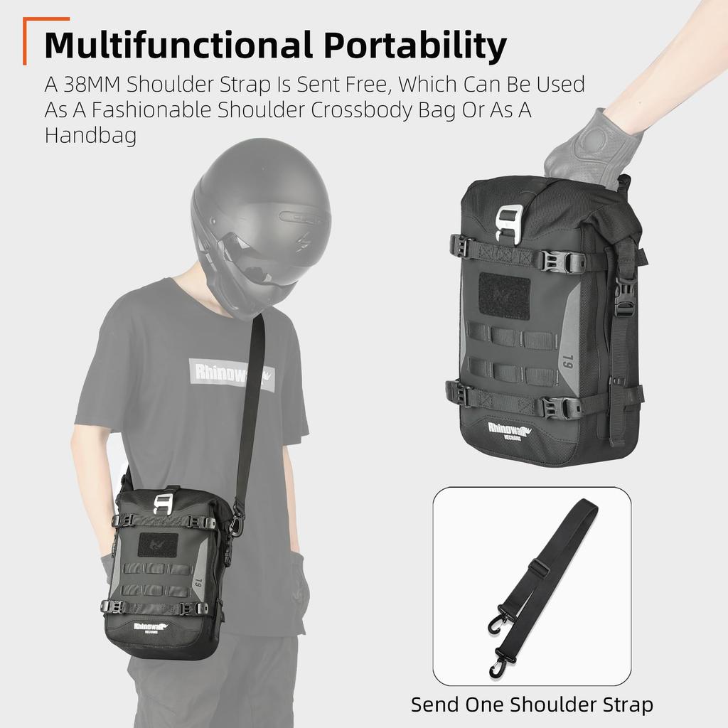 Rhinowalk Motorcycle Front Bumper Bag + Waterproof Side Bags + Saddle Panniers + Tail Bag MOLLE System Compatible Motor Accessories (Black)