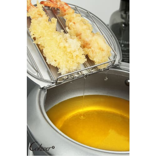 24cm Silver Round Deep Fryer, Induction and Gas Compatible, Includes Frying Net, Thermometer, and Lid, Perfect for Deep Frying Tempura, Skewers, and O