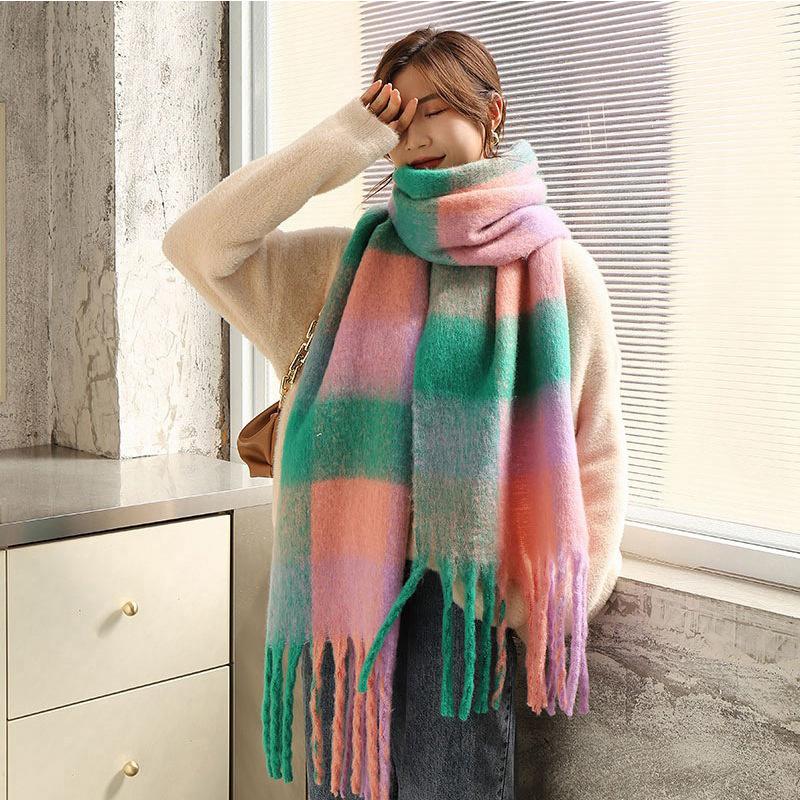 Rainbow Scarf Women's Winter Shawl Couple Colored Plaid Warm Thickened Ins Trendy Cute Girl Student Versatile