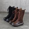 Johnature Genuine Leather Round Toe Thick Soled Mid-calf Boots Retro Lace Up Side Zipper Versatile Women's Boots