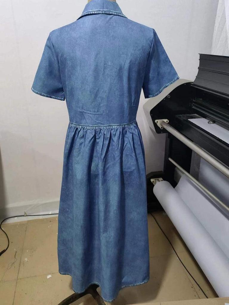 Spring Hot Style Shirt Collar Casual Denim Short Sleeve Dress