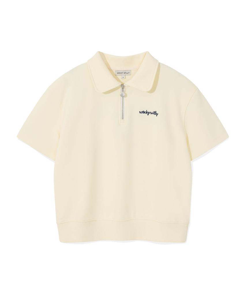 WACKY WILLY Women'S Typo Logo Half-Zip Short Sleeve Cream