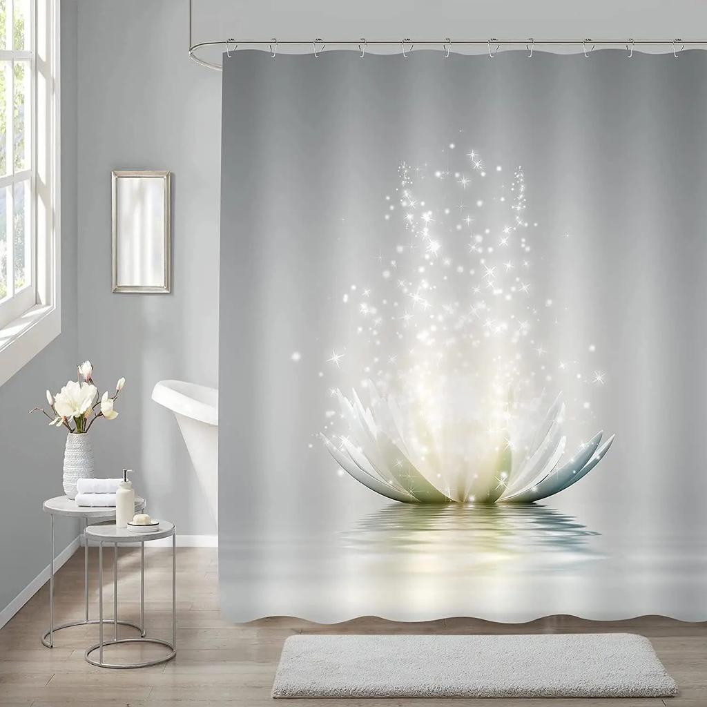 White Lotus Flower Shower Curtains for Zen Spa Bathroom Decor, Asian Floral Polyester Bath Curtain Set, Gift for Women and Girls