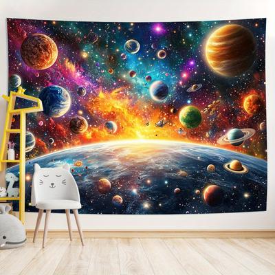 Cosmic Galaxy Tapestry,Vibrant Print with Colorful Planets, Nebula & Earth View from Space,Wall Hanging for Bedroom,Sci-Fi Decor