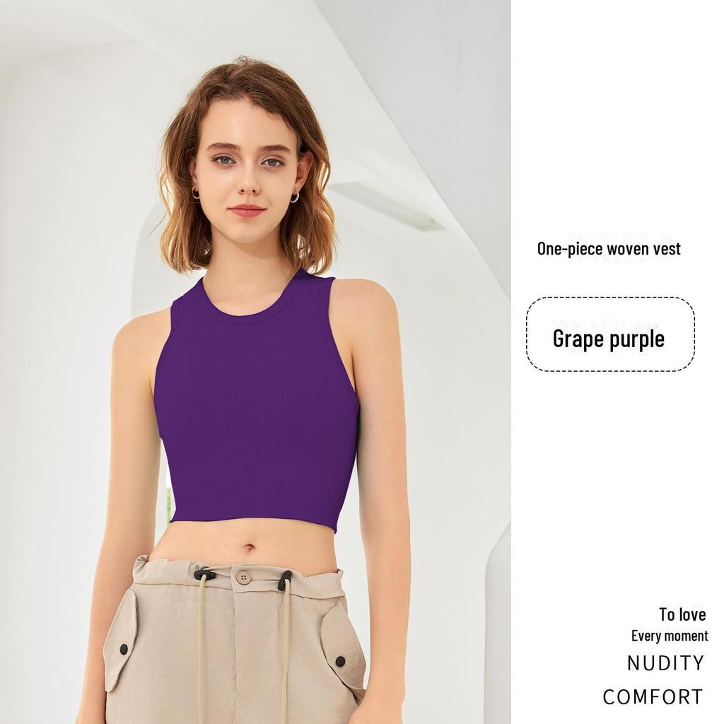 Women's Solid Color Knitted Sleeveless Yoga Sports Bra with Fixed Cup